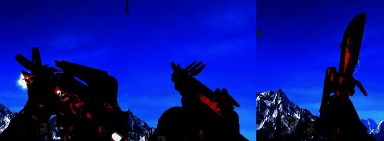 死神暗月系列武器陈列图，展示三款武器的半透明枪身与红色光效