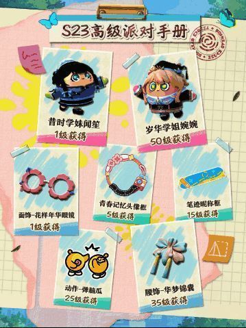 高级派对手册奖励预览图，展示‘华梦锦囊’‘花样年华眼镜’等典藏配饰与盲盒外观