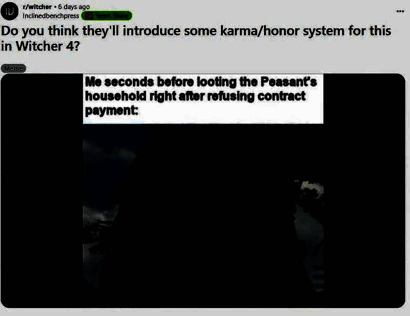 玩家在Reddit论坛发帖讨论《巫师4》是否应加入道德系统，界面显示高赞评论与热烈互动