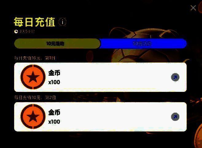 每日充值奖励界面，列出每日充值档位与对应金币返还数量，标注‘每日可领’提示