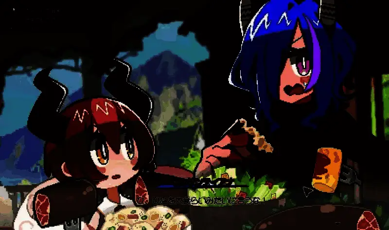 《DRAPLINE》主角与小龙娘互动画面，角色站在山崖边，小龙展翅飞翔，背景为夕阳