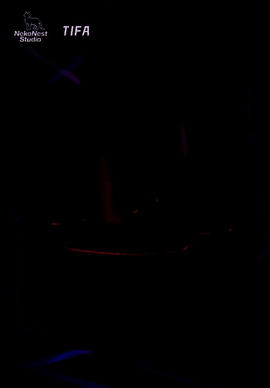 侧面视角下的猫娘蒂法，尾巴自然卷曲，服装剪裁立体，展现优美身姿