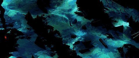 雪地中露出半埋的石制建筑结构，周围散落着古老符号雕刻的石柱，充满神秘气息