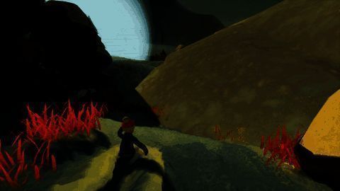 两名角色在雪屋前交谈，一人身穿传统毛皮服饰，另一人背着背包和滑雪板，背景是黄昏下的雪山