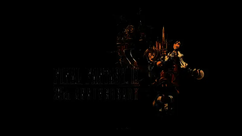 《最终幻想9》25周年纪念视频主视觉图，展示主角团在奇幻世界中并肩前行的温馨画面