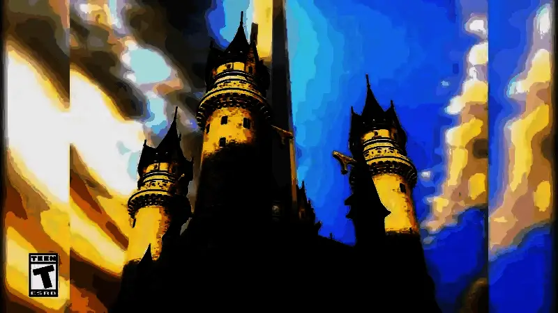 吉坦与伙伴们在飞空艇上远眺夕阳的经典场景，氛围温馨而壮丽