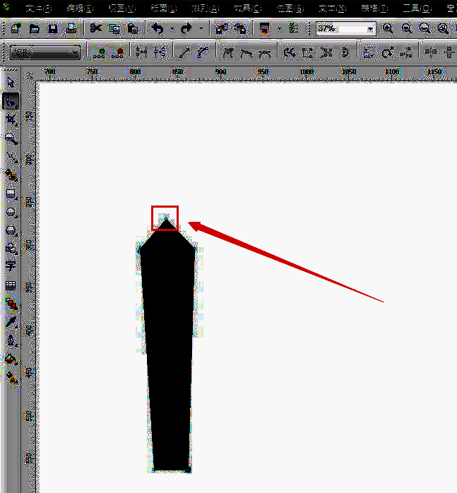 黑色矩形顶部中心节点被鼠标向上拖动，形成尖锐的锥形顶端，周围显示控制手柄