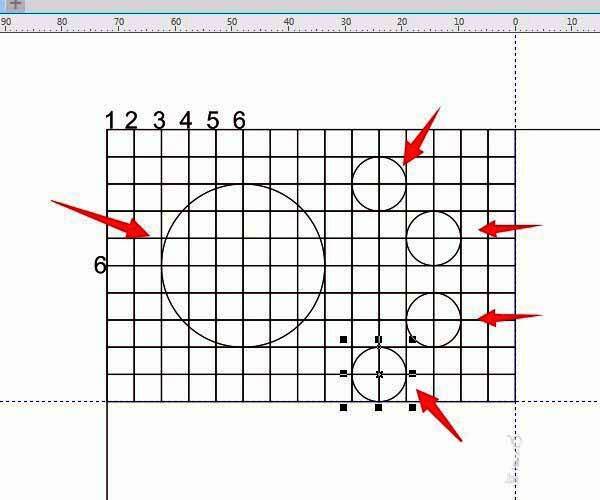 在网格交点处绘制正圆，并复制多个小圆作为星形定位参考