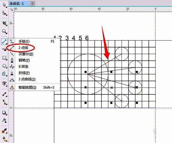 从大圆中心向外画出多条直线，连接至各小圆中心的辅助线