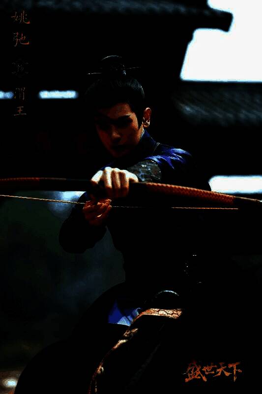 主角身披凤袍立于高台之上，俯视群臣，身后夕阳如血，象征权力巅峰