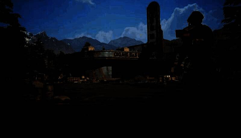 PV截图：玩家在夜晚悄悄接近敌方基地，利用草丛掩护，准备放置炸药