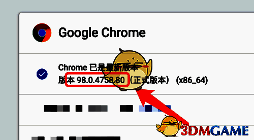 关于Google Chrome页面截图，突出显示版本号显示区域及自动更新提示