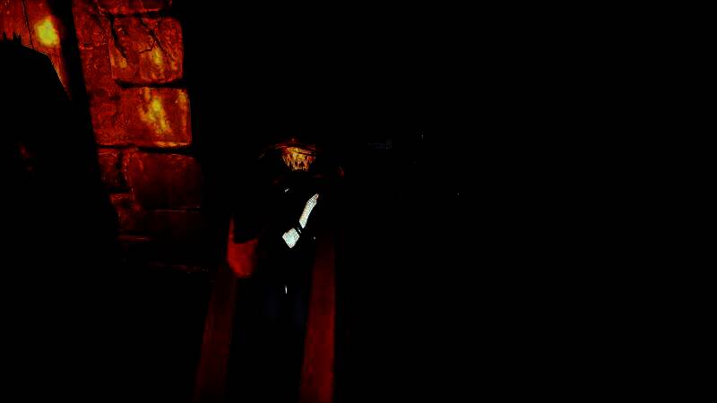 角色在黑暗中潜行，仅靠微弱火光照明，周围敌人无法察觉