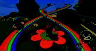 蛋力过山车实景图，三只蛋仔乘坐自制小车在轨道上飞驰，背景是绿意盎然的山坡