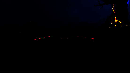 MOMO岛·生机场景图，绿意盎然的山谷中鲜花盛开，湖面倒映蓝天，MOMO正摇动树木落下花瓣