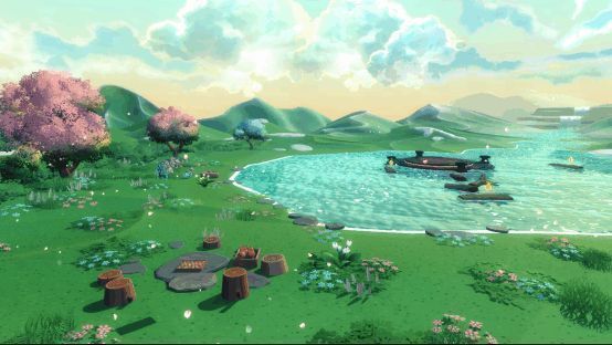 MOMO岛·奏鸣场景图，夜晚的荷塘泛起涟漪，灯光点缀水面，MOMO攀爬石柱寻找高处的时之焰