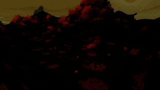 MOMO岛·萧瑟场景图，金黄色的落叶覆盖地面，古老庙宇静立其中，MOMO仰头望向屋檐上的时之焰