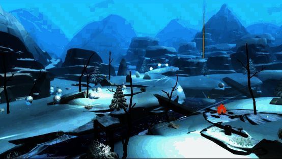 MOMO岛·凛冽场景图，白雪皑皑的山峰上寒风凛冽，MOMO在滑落的冰块间穿梭前行