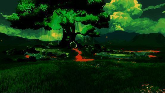 MOMO岛·时之屿场景图，巨大的神树下光影斑驳，树上挂满拍立得照片，MOMO围绕石板探索