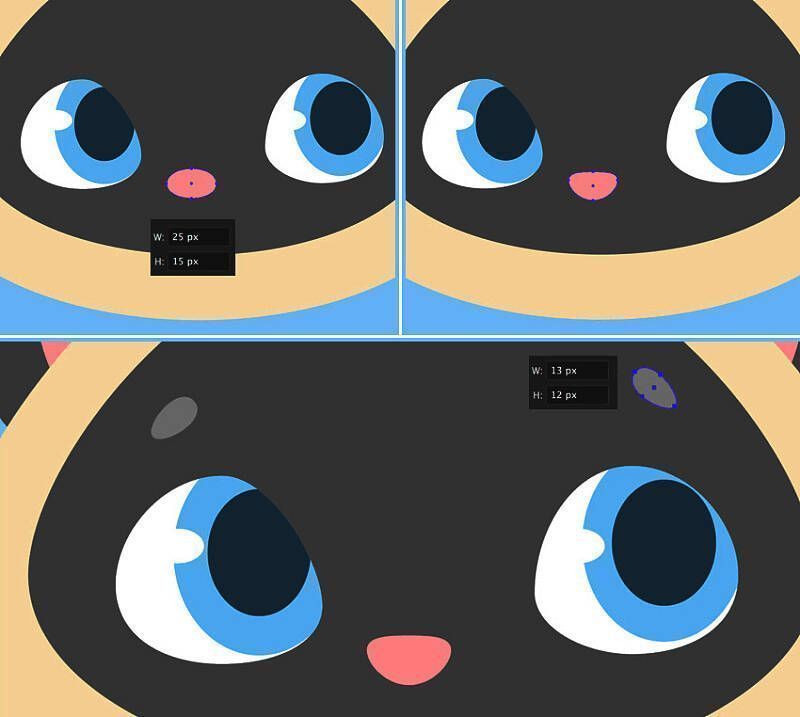 猫咪面部细节特写，包含大眼睛、倒三角鼻子、弯曲眉毛与微笑嘴型，整体表情俏皮可爱