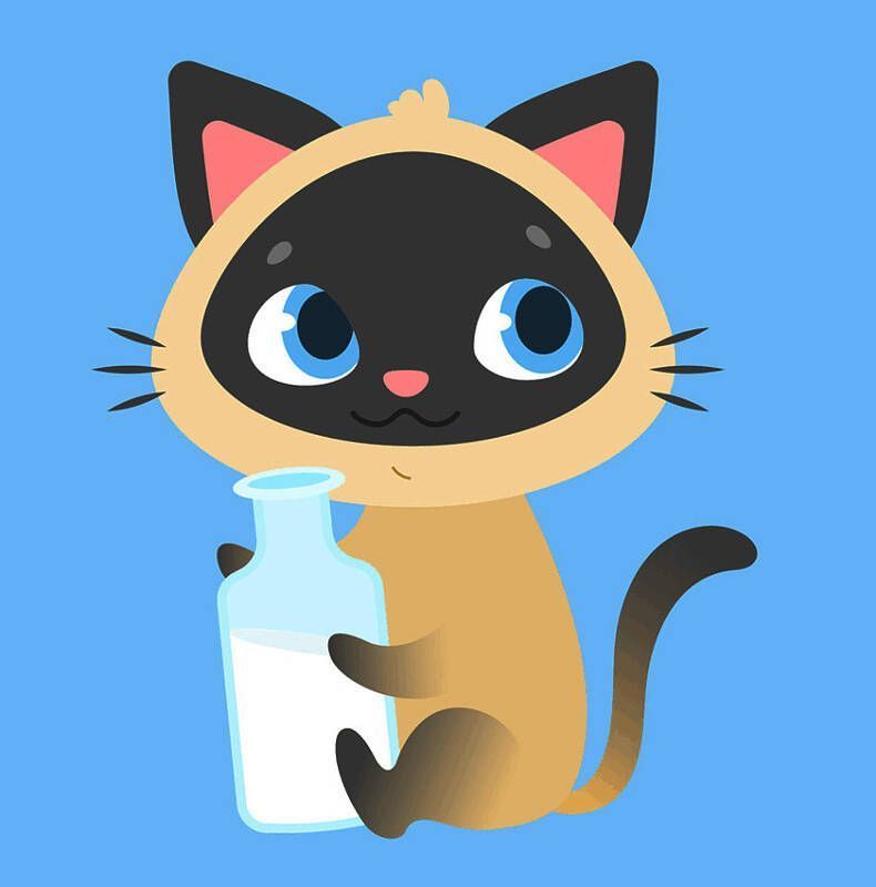 猫咪前爪握住奶昔瓶，瓶子为透明浅蓝色，内部奶昔呈半满状态，顶部有瓶盖细节