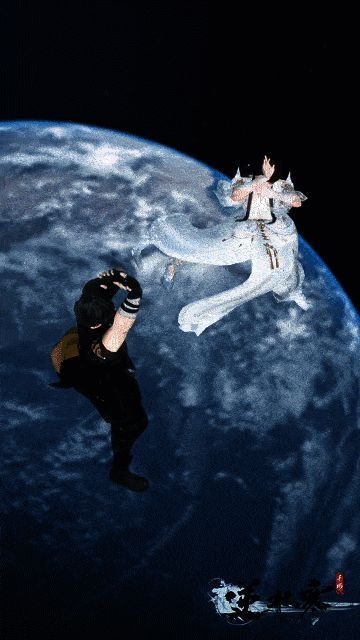 逆水寒手游中角色启动‘摇花手’形态，双臂快速摆动如螺旋桨般升空，周围气流翻涌