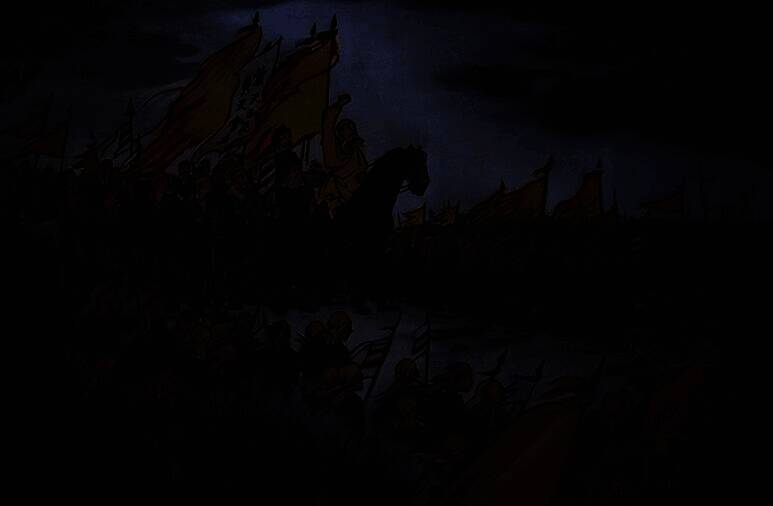 黄巾军起义场景，漫山遍野的黄巾士兵手持农具与武器，旗帜飘扬，战火映红天际