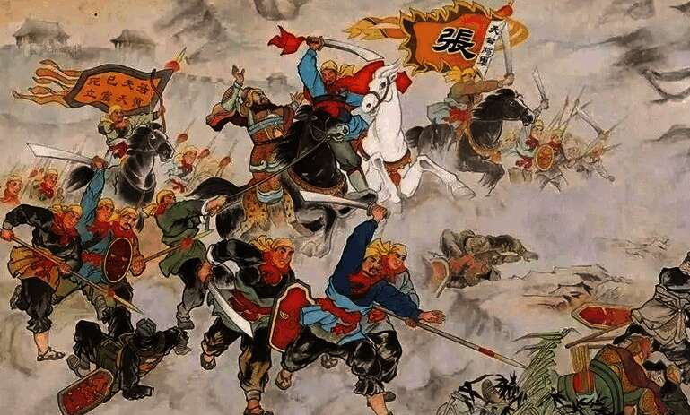 游戏概念图：一名玩家角色立于高台之上，俯瞰千军万马，身后是黄巾军与汉军对峙的宏大战场