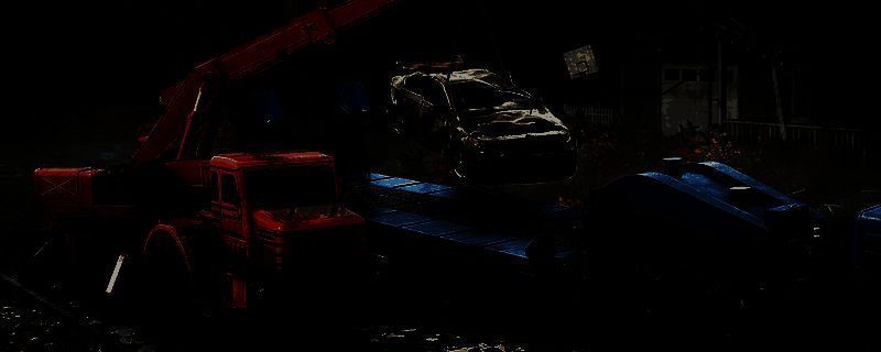 游戏内废墟场景，角色正在翻找倒塌建筑中的隐藏物品，周围散落着金属碎片和旧玩具