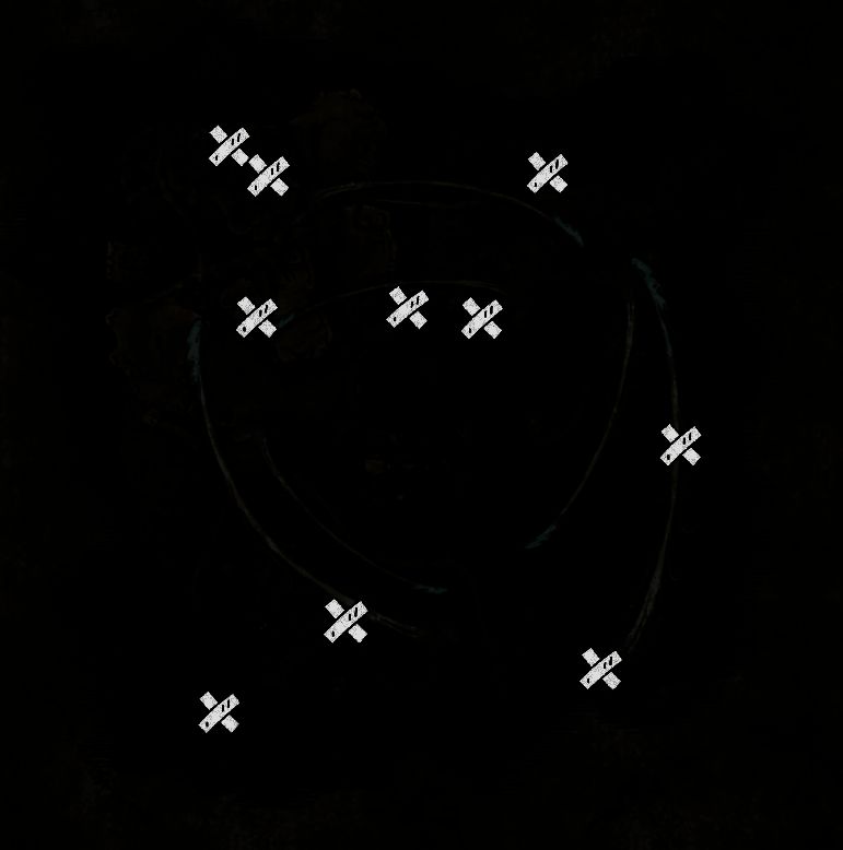 初始无地形地图上的野外BOSS分布图，清晰标注多个关键点位，帮助玩家提前规划路线