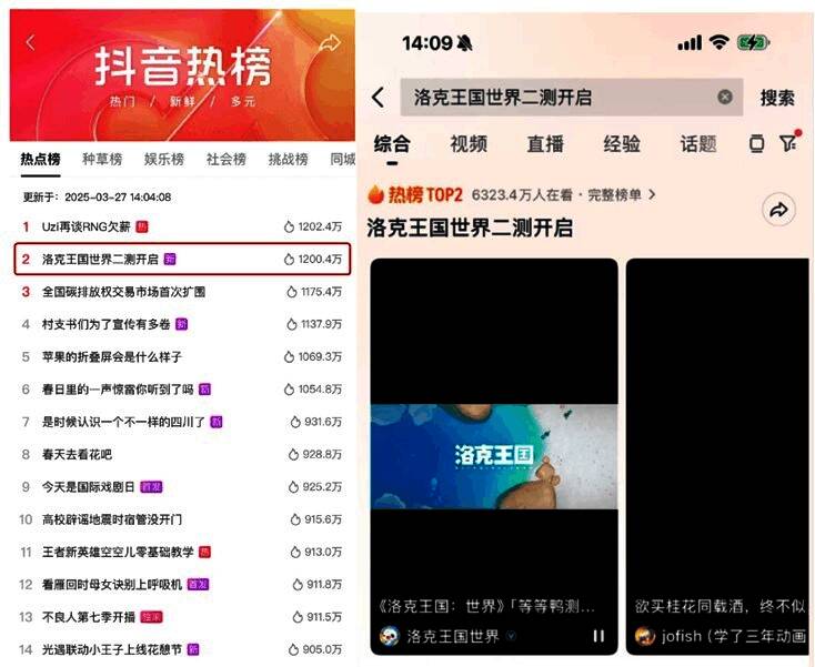 社交媒体热搜截图拼图，显示《洛克王国：世界》登上抖音、微博、B站等平台热搜榜单