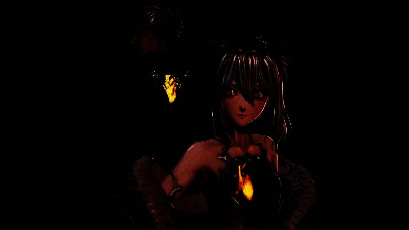 主角与神秘少女并肩站立于废墟城市之中，背景是血红色的月亮与崩塌的高楼，氛围压抑而震撼