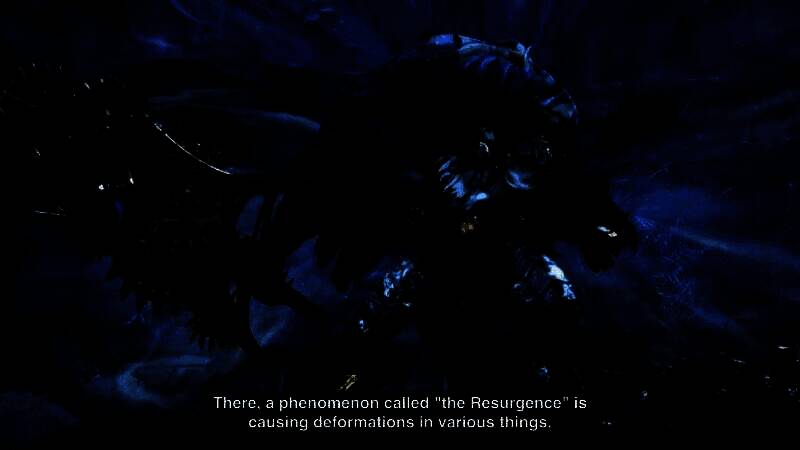 城市街道满目疮痍，主角持武器警戒前行，周围漂浮着诡异能量光点