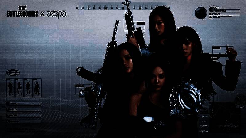 aespa成员以游戏角色形象亮相《绝地求生》宣传图，四位成员身穿未来感战服，背景为经典战场地图，科技感十足