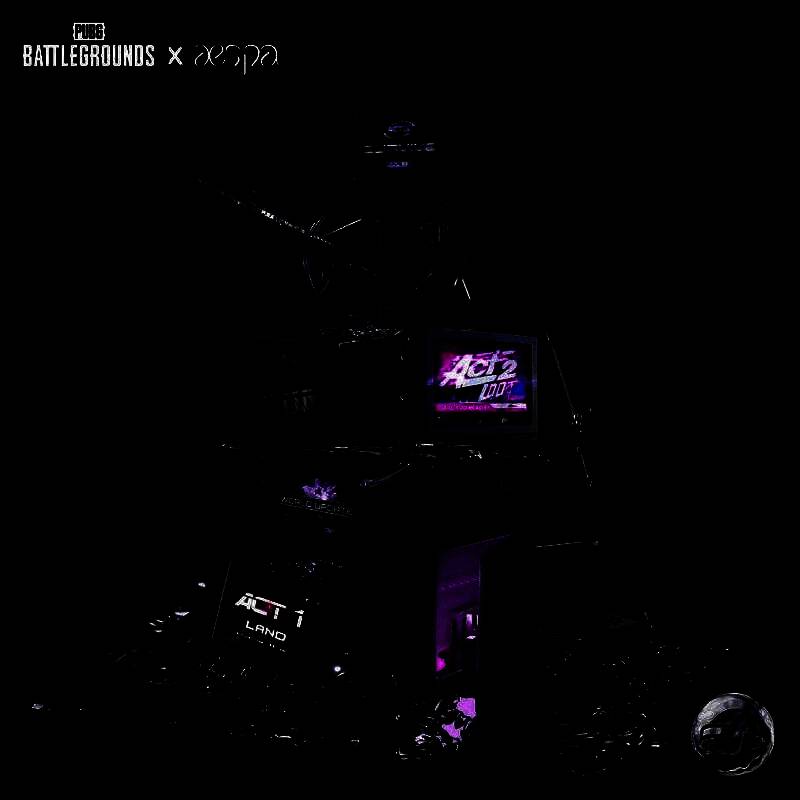 《绝地求生》游戏中aespa主题皮肤展示，角色身穿霓虹光影战衣，手持定制武器，特效炫目