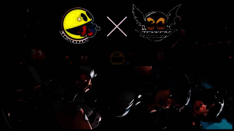 《铁拳8》中充满像素风格的PAC-PIXELS对战舞台，背景闪烁着经典的吃豆人元素和迷宫图案