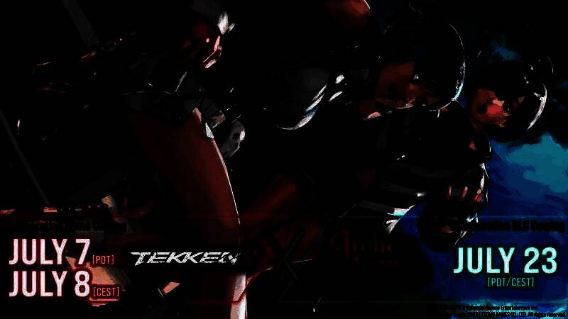 联动贺图中，悠米亚与三岛蕾娜站在光影交错的空间中，背景融合炼金工房的魔法阵与铁拳系列的机械都市