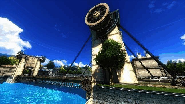 卢安市全景鸟瞰图，吊桥横跨海湾，港口停泊船只，远处可见山脉与阳光洒落海面