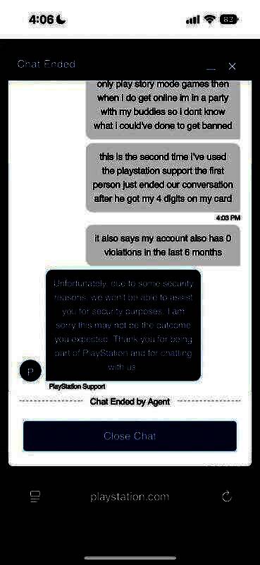 玩家与PlayStation客服的聊天记录截图，客服以安全原因为由拒绝提供帮助