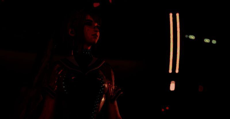 《剑星》游戏中伊芙手持武器在废墟城市中前行的场景，背景为破败的高楼与红色警报灯光