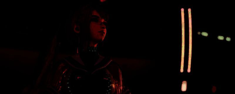 《剑星》立体停车场内部视角，地面散落 debris，角色正弯腰从尸体旁拾取发光的蓝色机体核心