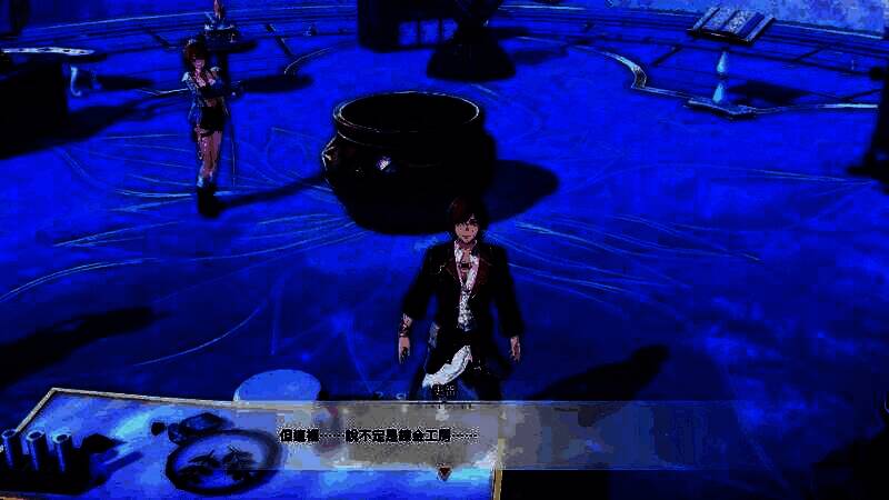 莉雅丝专注操作炼金釜，周围漂浮着发光材料，史雷在旁观察记录，场景充满科技与魔法交融的美感