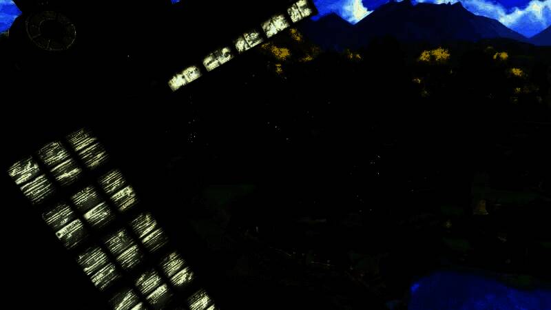 马诺利亚村风景图，风车在微风中旋转，小屋点缀在绿草地间，远处有溪流穿过