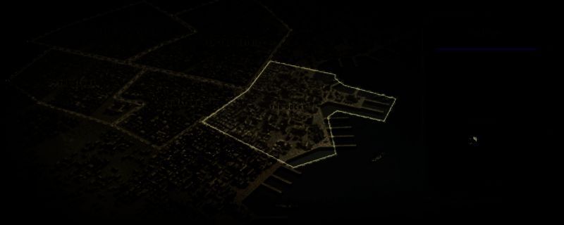 《噩梦边境》游戏主视觉图，昏暗的边境小镇街道上弥漫着浓雾，破旧建筑林立，远处隐约可见诡异人影，整体氛围阴森恐怖