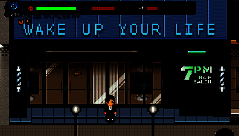 7PM理发店外观展示，店铺位于东商业街，招牌醒目，门口有NPC正在服务顾客