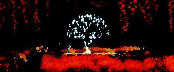 角色露在废墟城市中行走，周围漂浮着记忆光点，背景有巨大黑影逼近