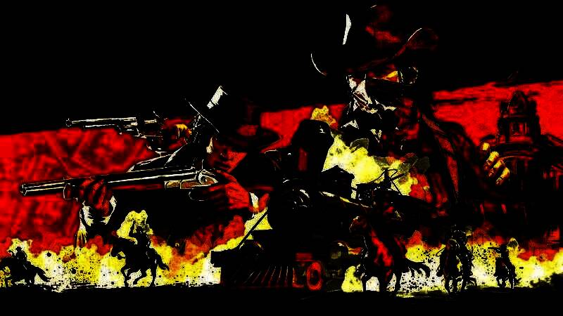 《荒野大镖客Online》新任务宣传图，夜色下的荒野营地燃起诡异蓝火，远处人影模糊不清，充满神秘氛围