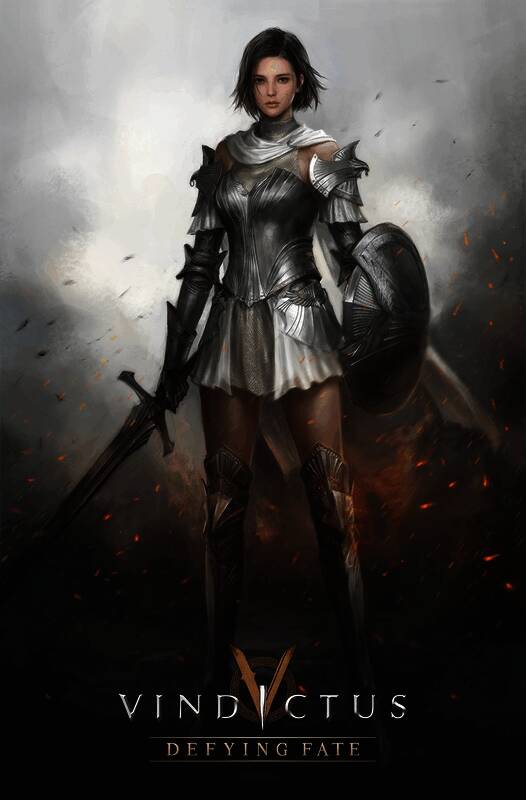 女战士菲奥娜高举盾牌、手持长剑，身披战斗铠甲，目光坚定地直视前方，背景为战火纷飞的战场