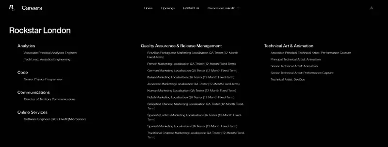 R星官网招聘信息页面截图，显示多个面向不同国家的本地化测试职位