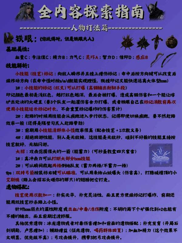 铁眼一图流攻略示意图，包含技能释放顺序、标记机制说明与输出循环节点